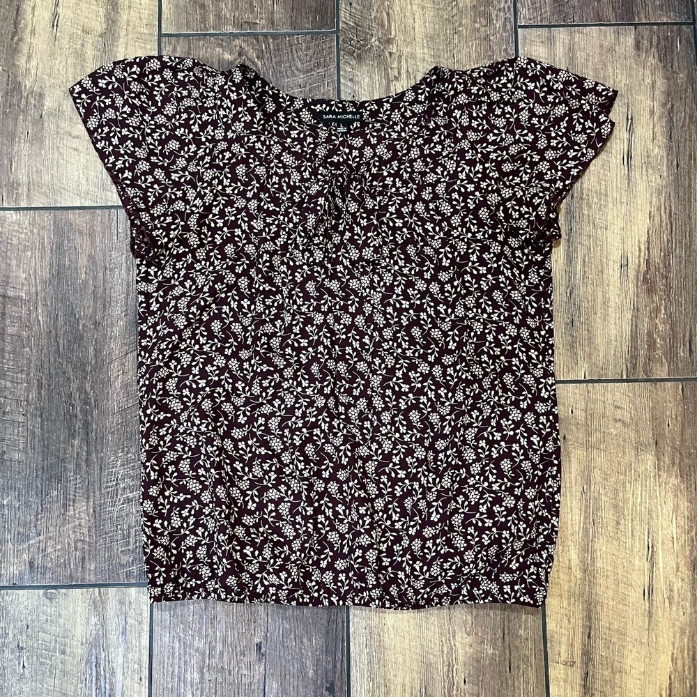 Sara Michelle Bow Blouse Women's Size Large Floral Burgundy Blue Workwear